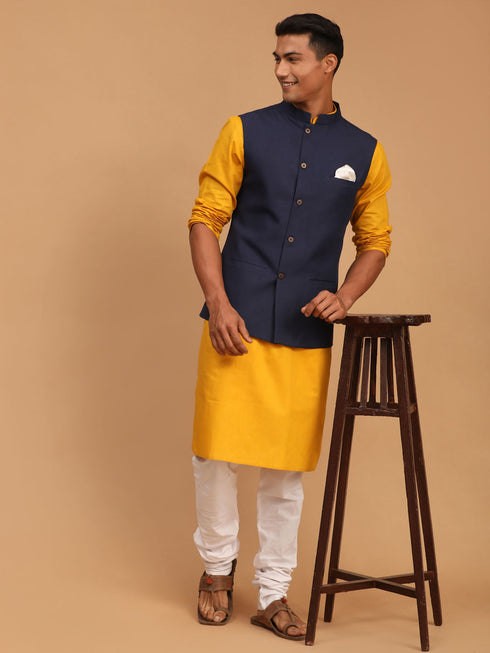 Men's Navy Blue Solid Cotton Nehru Jacket With Mustard Kurta And White Pyjama Set